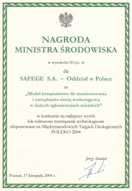 SUEZ Consulting (SAFEGE S.A.S. Oddział w Polsce) - Nagroda Ministra Środowiska 2004