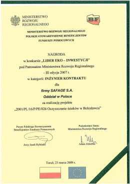 SUEZ Consulting (SAFEGE S.A.S. Oddział w Polsce) - Lider Eko-Inwestycji 2009, 2010